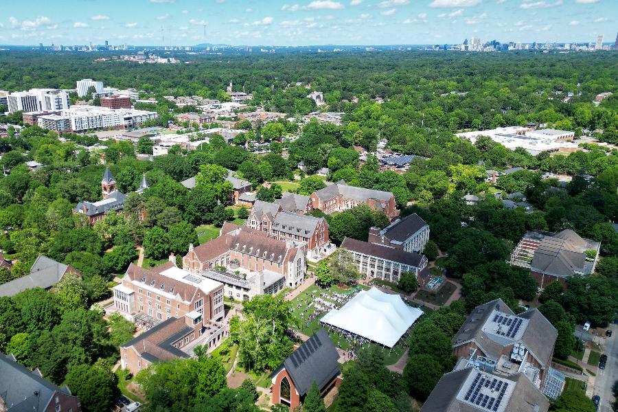 a drone view of Agnes Scott College, Atlanta and the tree canopy